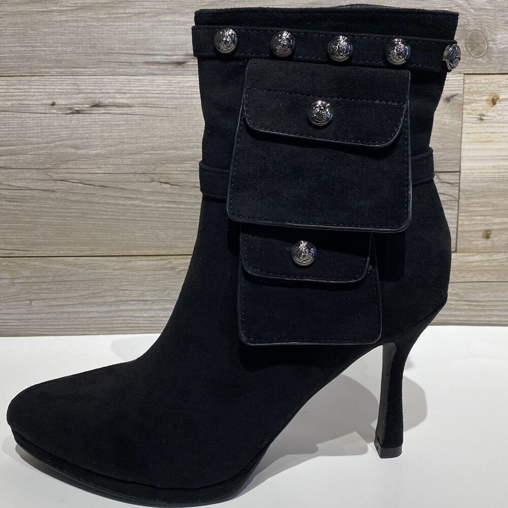 YOKI KHELANI Stiletto Heel Bootie Black Faux Suede Pockets Studs Side Zip Size 9